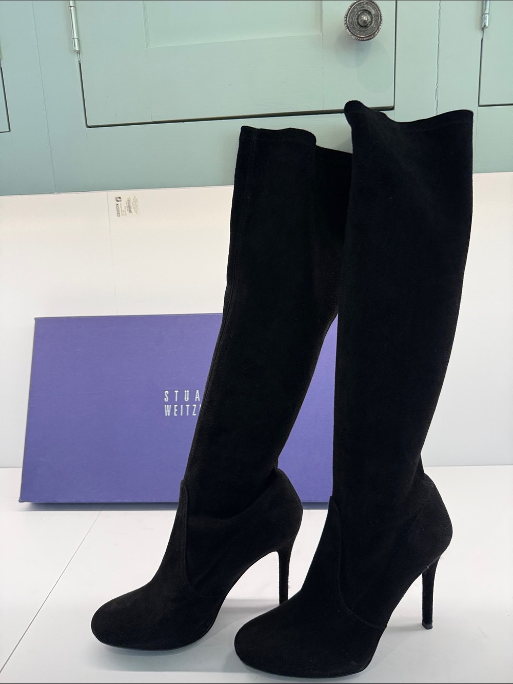 Stuart Weitzman Black Suede Over-the-Knee Stiletto Boots